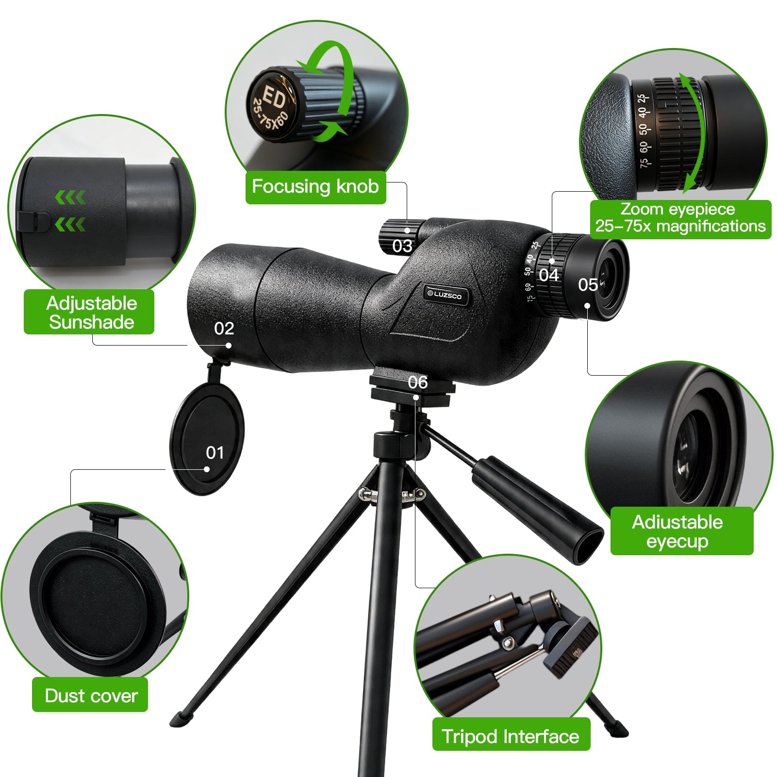 25-75x60 Bird Watching Spotting Scope with Tripod & Phone Adapter | Lightweight Zoom Telescope for Wildlife and Nature Observation - Luzsco