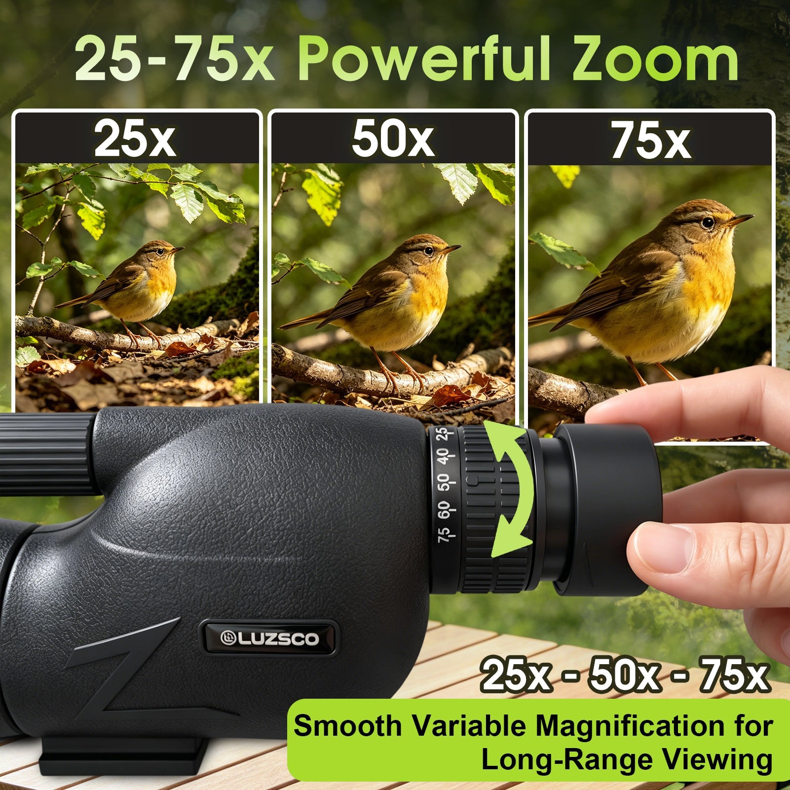 25-75x60 Bird Watching Spotting Scope with Tripod & Phone Adapter | Lightweight Zoom Telescope for Wildlife and Nature Observation - Luzsco