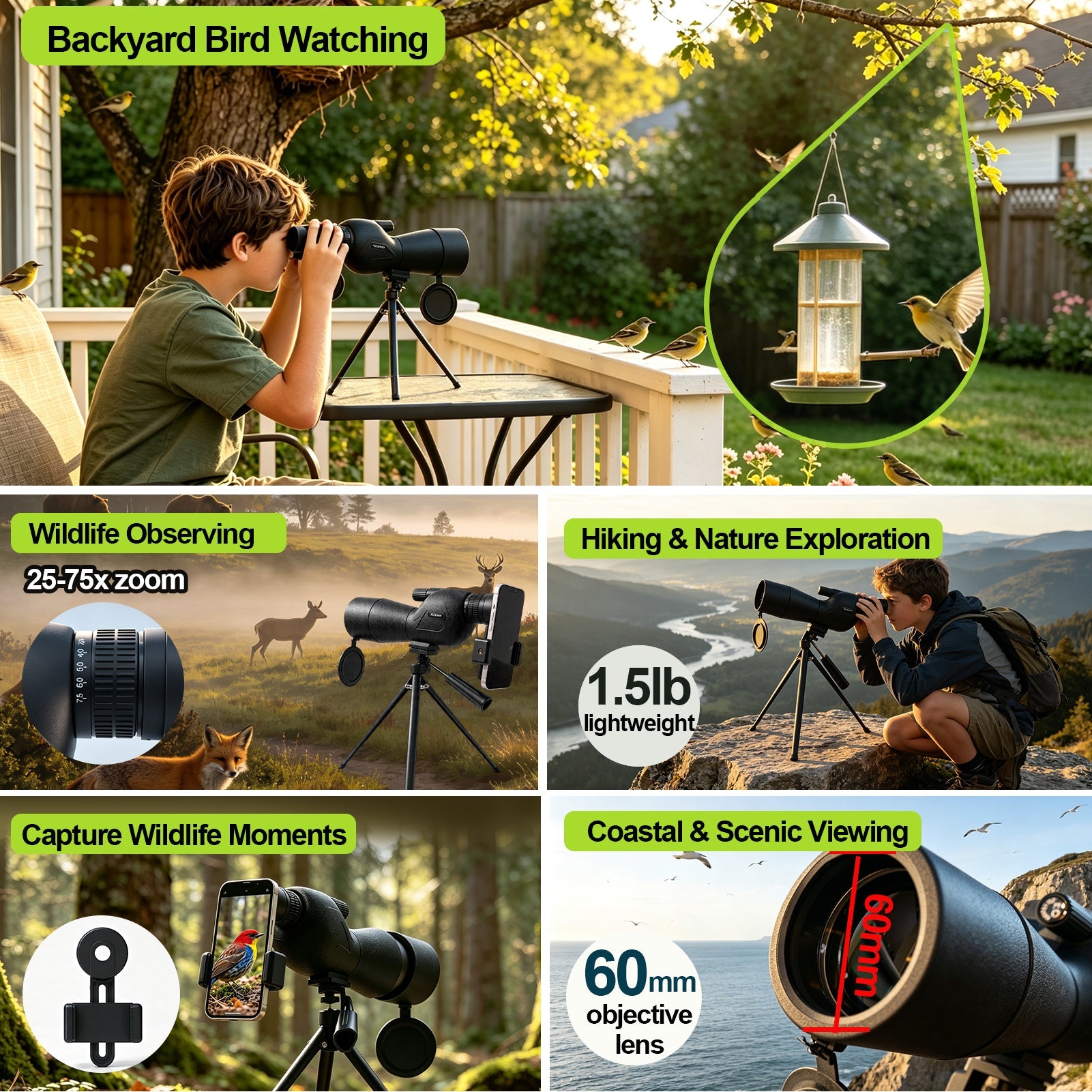 25-75x60 Bird Watching Spotting Scope with Tripod & Phone Adapter | Lightweight Zoom Telescope for Wildlife and Nature Observation - Luzsco